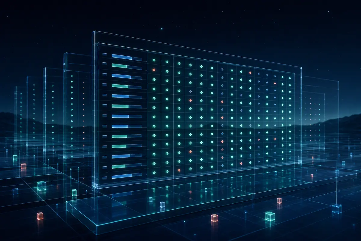 Luminous glass matrix planes showing payload rows crossed with pass and fail assertion lights